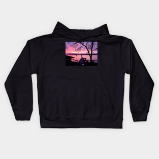 Silhouetted Couple on Dock with Pink Sunset Sky Kids Hoodie